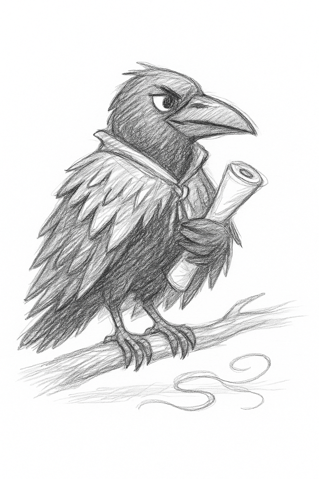 Pencil sketch of Corbit the magpie from The Hidden Village of Mills Beary