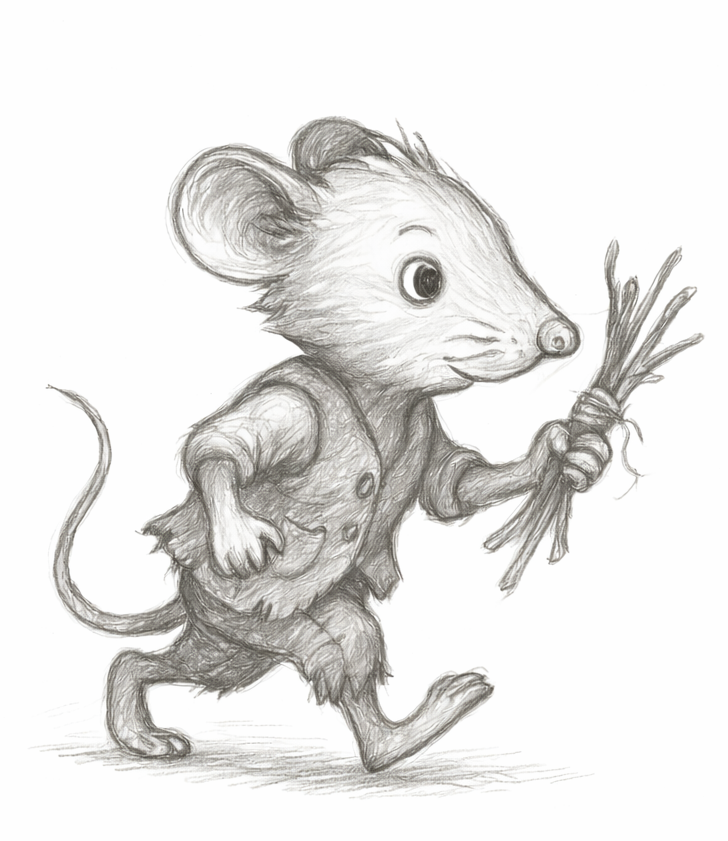 Pencil sketch of Marn the fieldmouse from The Hidden Village of Mills Beary