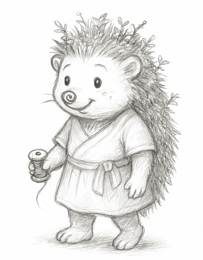 Pencil sketch of Thistle the hedgehog from The Hidden Village of Mills Beary